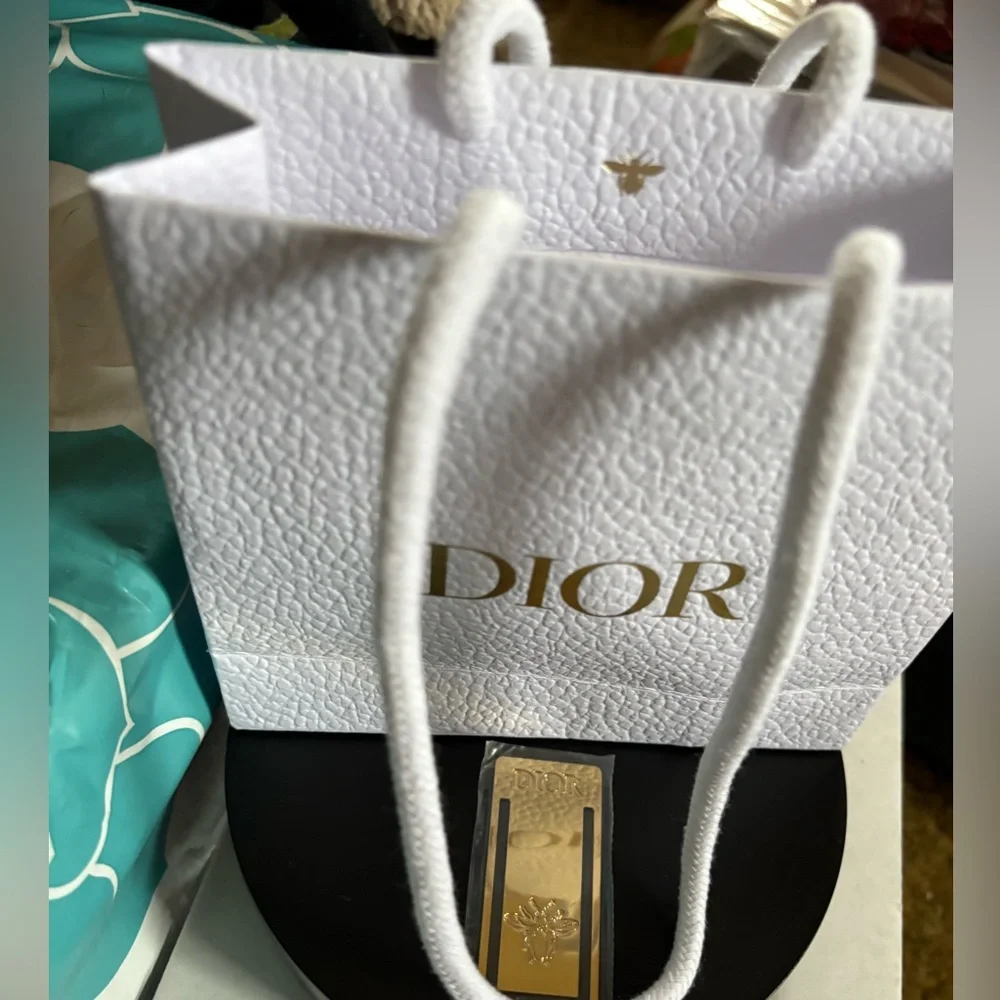 Christian Dior Gold Clip/Bookmark with Bee Design & Dior White w/ Gold Bag! New.